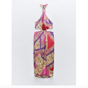 NWT Zara Woman Patchwork Printed Halter Neck Midi Dress Size S Small